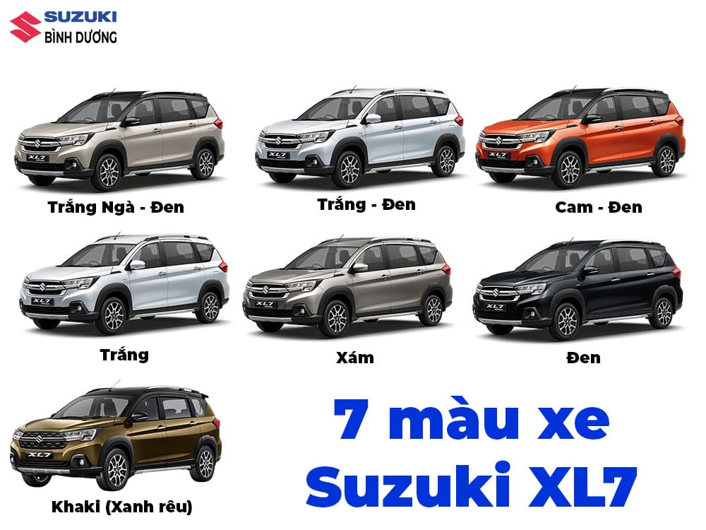 ngoại thất suzuki xl7 ấn tượng với 7 màu sắc trắng, đen, xám, khaki, trắng ngà - đen, trắng - đen, cam - đen